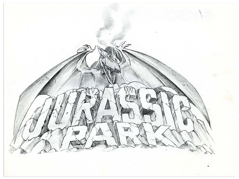 Original ''Jurassic Park'' Sketch Created in Development for the 1993 Film -- Drawing Shows a Fearsome Pterodactyl Over the Words ''Jurassic Park'' Logo